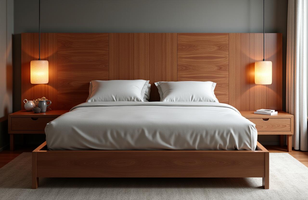 Cama de castaño con un cabecero de una sola pieza de madera.