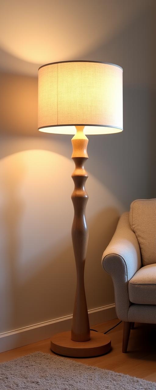 Lámpara de pie con base de madera de haya torneada a mano.