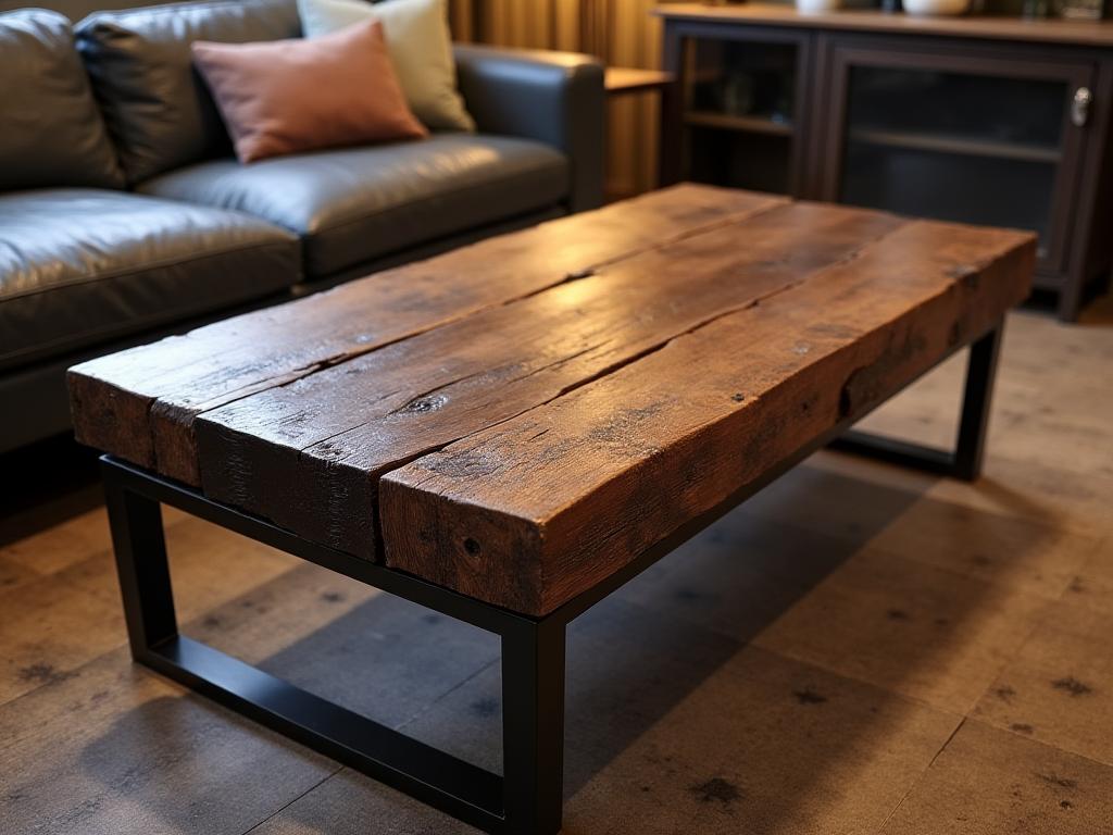 Mesa de centro hecha con una viga de madera recuperada y patas de acero.