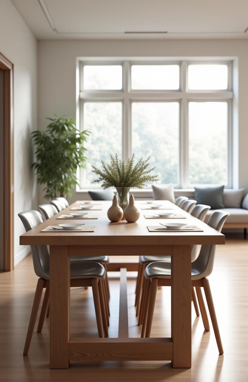Mesa de comedor de roble macizo con acabado natural en un salón luminoso.