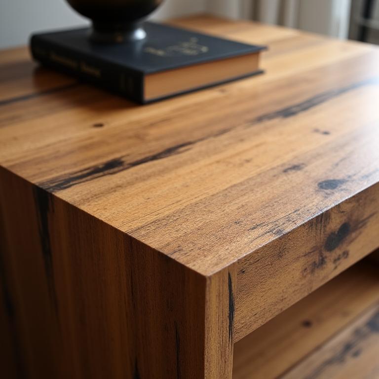 Mesita de noche de madera de olivo con veta muy marcada.